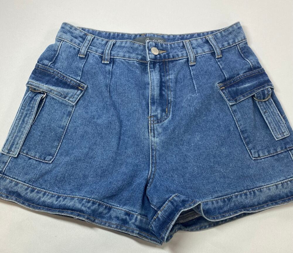 Cali 1850 Denim Cargo Shorts 7 • Medium Wash • High Waist Utility Style